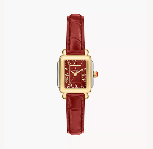 Michele Deco Madison Mini Two-Tone Ruby Red Mother-Of-Pearl Dial Leather Strap Watch