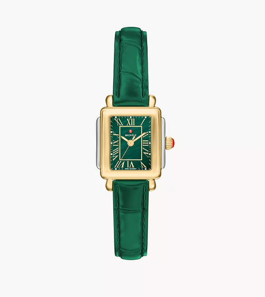 Michele Deco Madison Mini Two-Tone Lush Green Mother-Of-Pearl Dial Leather Strap Watch