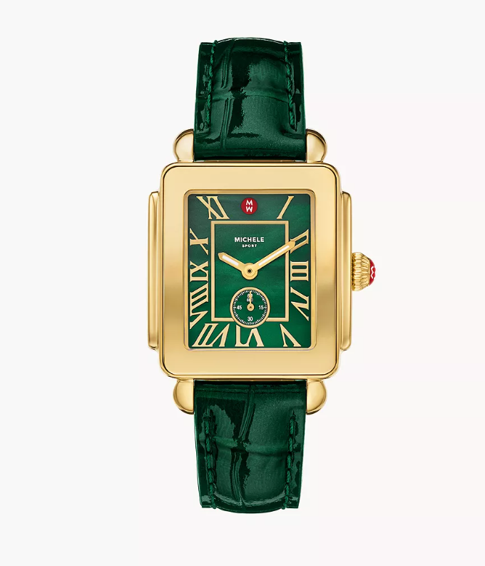 Michele Deco Sport Mid Yellow Gold Plated 31Mm Lush Green Dial Green Leather Strap Watch