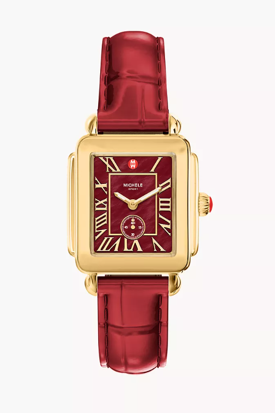 Michele Deco Sport Mid Yellow Gold Plated Ruby Red Mother-Of-Pearl Dial Leather Strap Watch