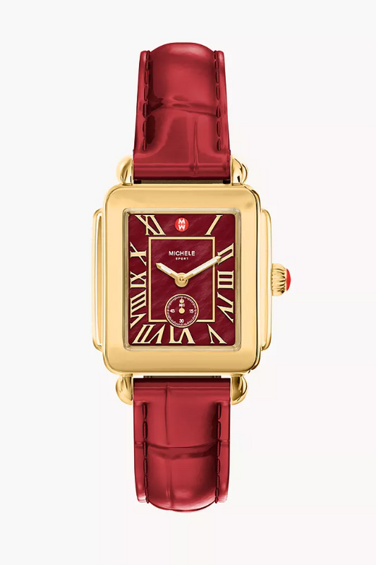 Michele Deco Sport Mid Yellow Gold Plated Ruby Red Mother-Of-Pearl Dial Leather Strap Watch