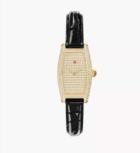 Michele LE Coquette 18K Yellow Gold Plated Pave Diamond Accented Black Leather Strap Watch