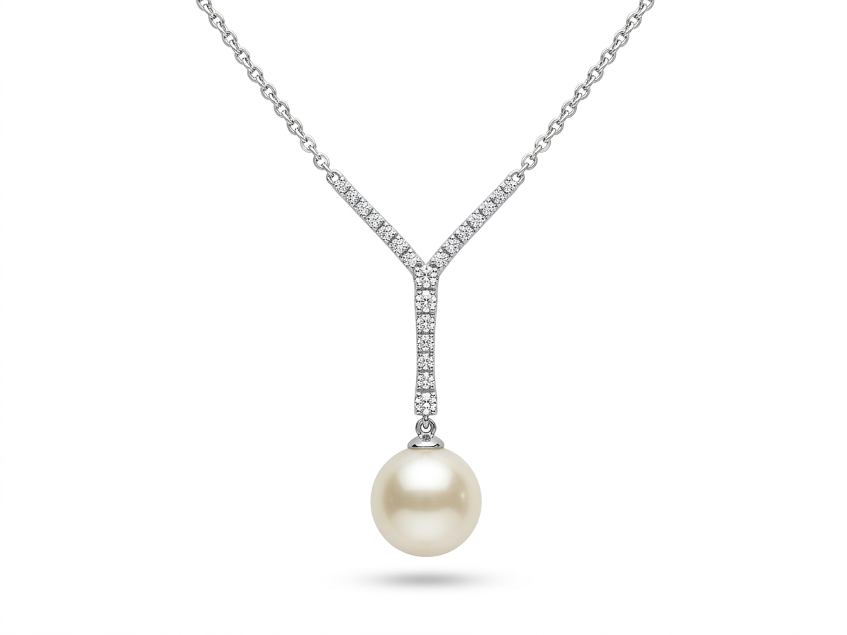 18K White Gold South Sea Pearl And Diamond "V" Drop Necklacce