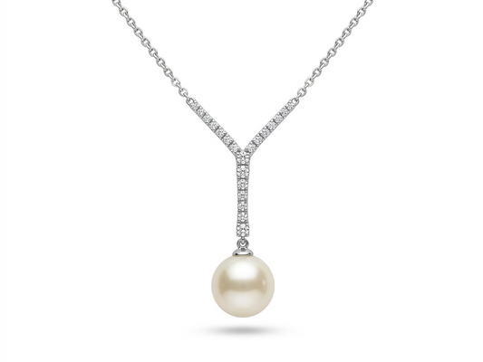 18K White Gold South Sea Pearl And Diamond "V" Drop Necklacce
