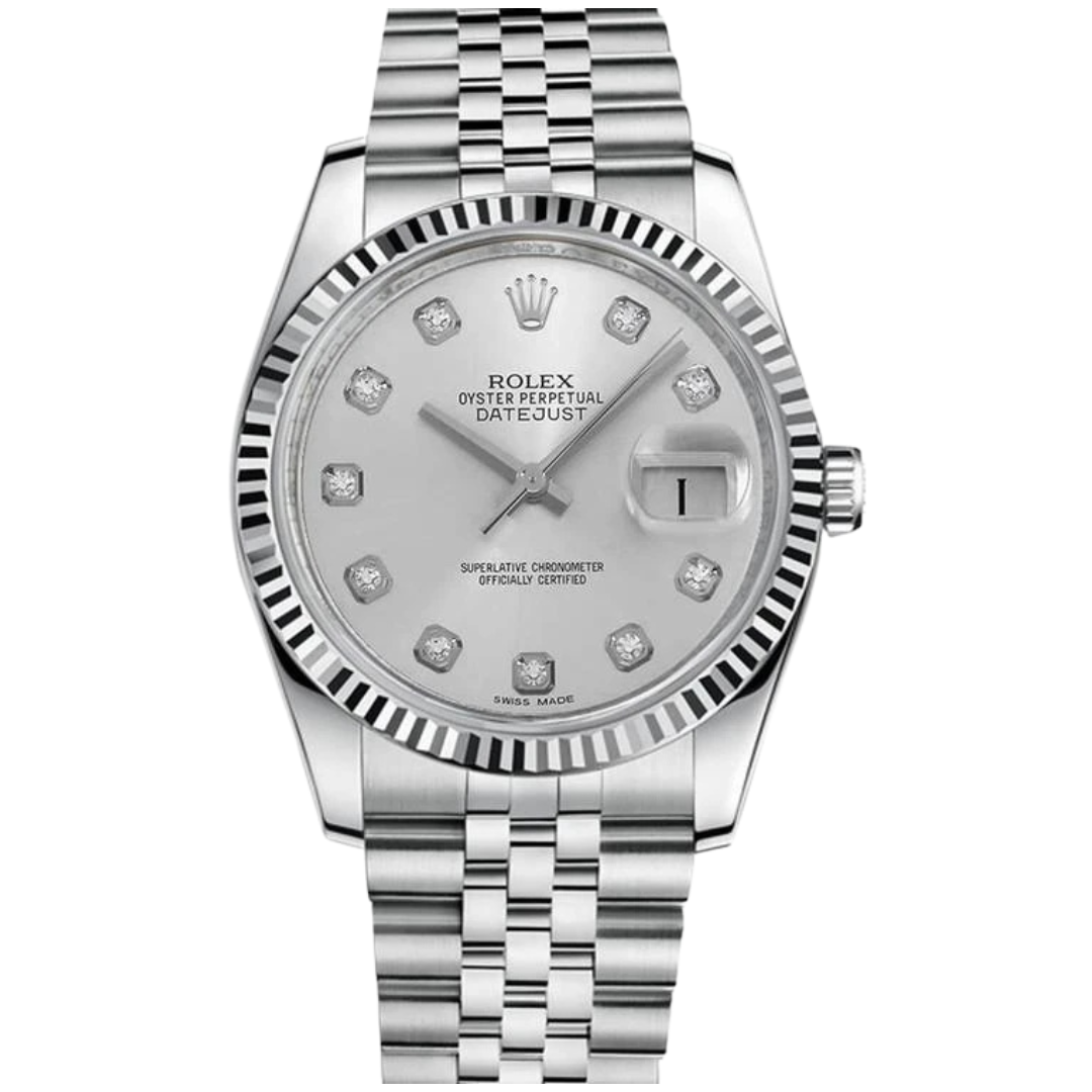 Pre-Owned Rolex Datejust 36Mm Stianless Steel and 18K White Gold Fluted Bezel Silver Diamond Dial