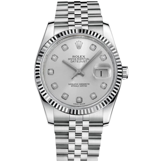 Pre-Owned Rolex Datejust 36Mm Stianless Steel and 18K White Gold Fluted Bezel Silver Diamond Dial