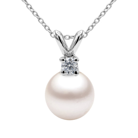 14K White Gold Akoya Pearl And Diamond Pendant