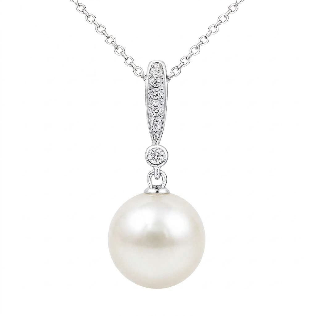 14K White Gold Freshwater Pearl And Diamond Drop Pendant