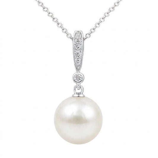 14K White Gold Freshwater Pearl And Diamond Drop Pendant
