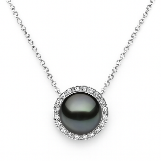 14K White Gold Diamond And Tahitian Pearl Circle Pendant