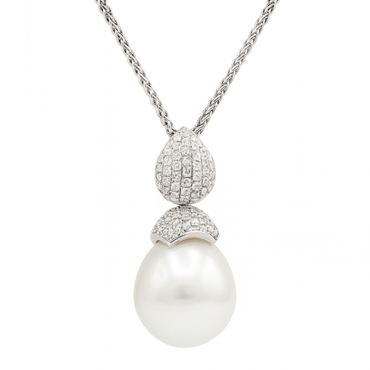 14K White Gold Diamond And South Sea Pearl Drop Pendant