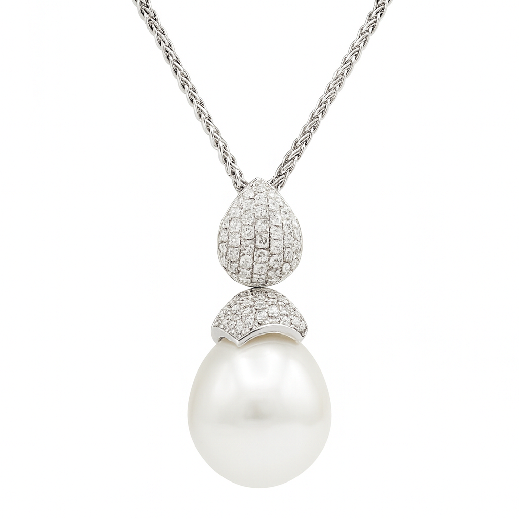 14K White Gold Diamond And South Sea Pearl Drop Pendant