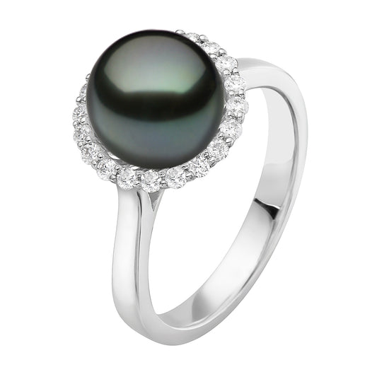 14K White Gold Tahitian Pearl And Diamond Halo Ring