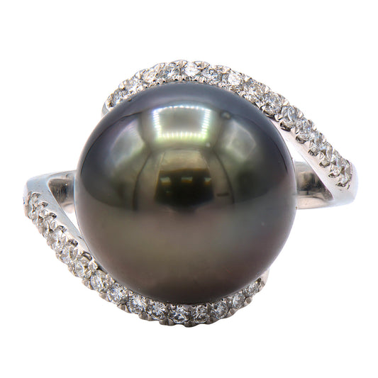 18K White Gold Diamond And Tahitian Pearl Ring
