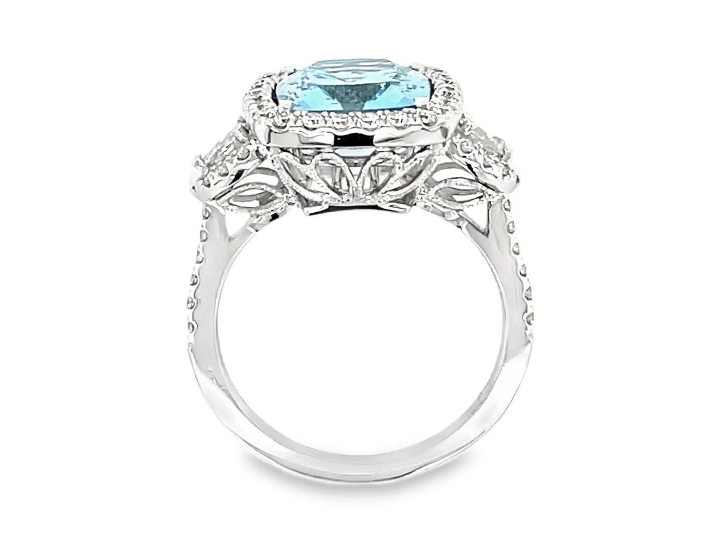 18K White Gold Aquamarine And Diamond 3 Stone Ring