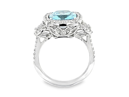 18K White Gold Aquamarine And Diamond 3 Stone Ring