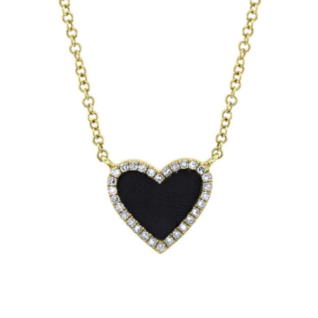 Shy 14K Yellow Gold Black Onyx Diamond Halo Heart Necklace