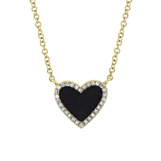 Shy 14K Yellow Gold Black Onyx Diamond Halo Heart Necklace