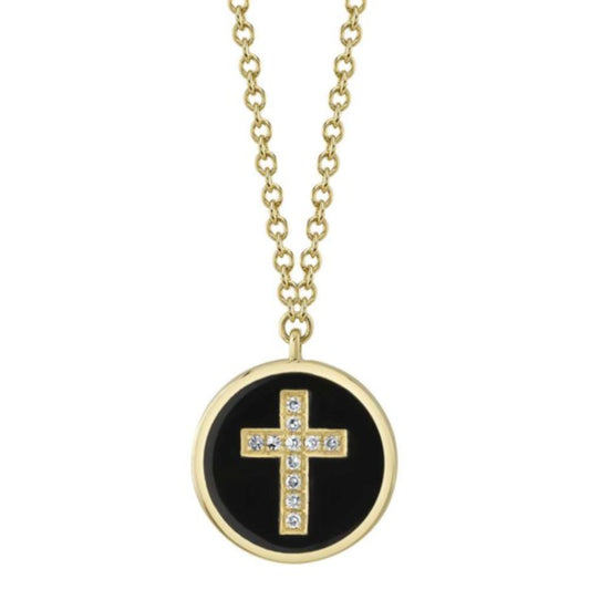 Shy 14K Yellow Gold Diamond And Black Enamel Disc Cross Necklace