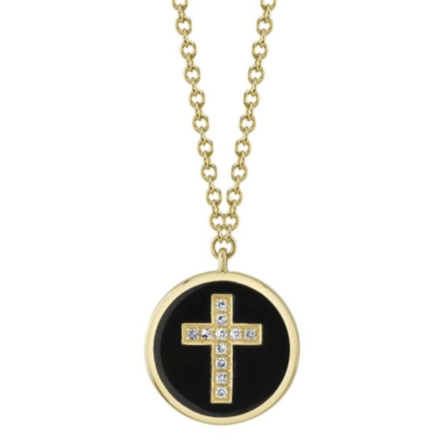 Shy 14K Yellow Gold Diamond And Black Enamel Disc Cross Necklace