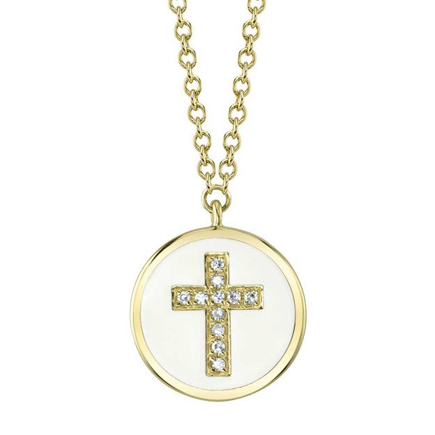 Shy 14K Yellow Gold Diamond And White Enamel Disc Cross Necklace