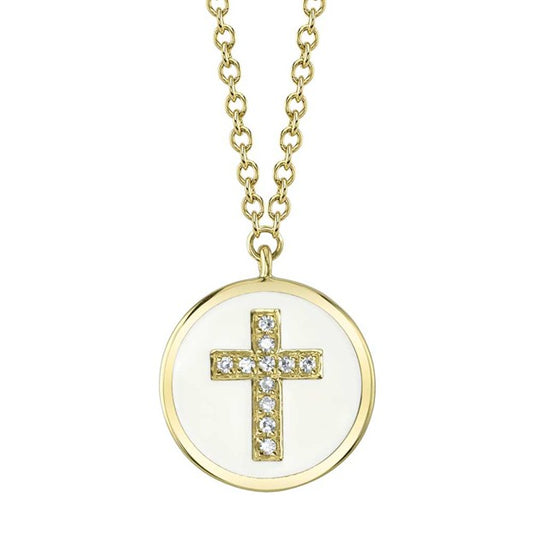 Shy 14K Yellow Gold Diamond And White Enamel Disc Cross Necklace