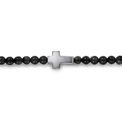 Gabriel Sterling Silver Cross &  Onyx Beaded Bracelet
