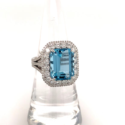 Simon G 18K White Gold Emerald Cut Aquamaine & Diamond Ring