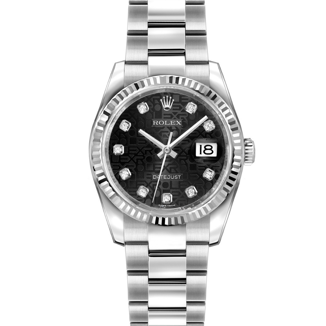 Pre-Owned Rolex Datejust 36Mm Stainless Steel 18K White Gold Fluted Bezell Black Jubilee Diamond Dial Watch