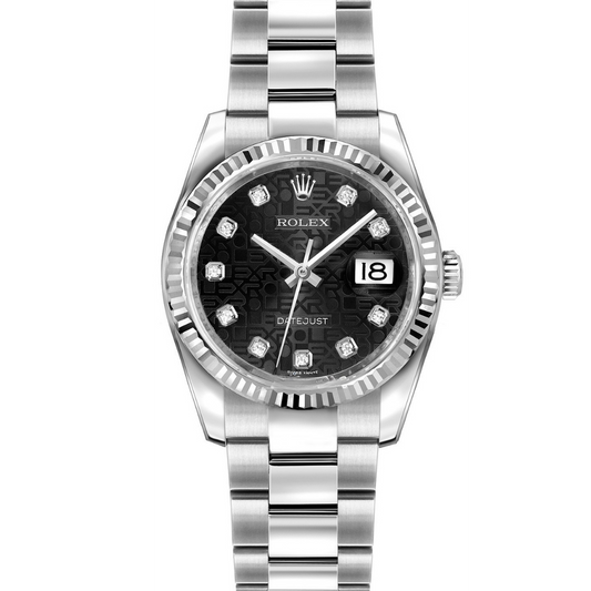 Pre-Owned Rolex Datejust 36Mm Stainless Steel 18K White Gold Fluted Bezell Black Jubilee Diamond Dial Watch