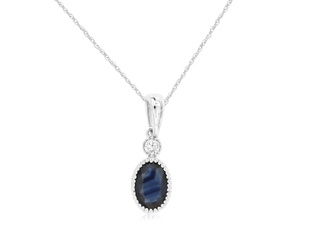 14K White Gold Oval Sapphire & Diamond Pendant