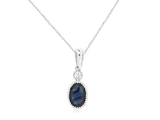 14K White Gold Oval Sapphire & Diamond Pendant