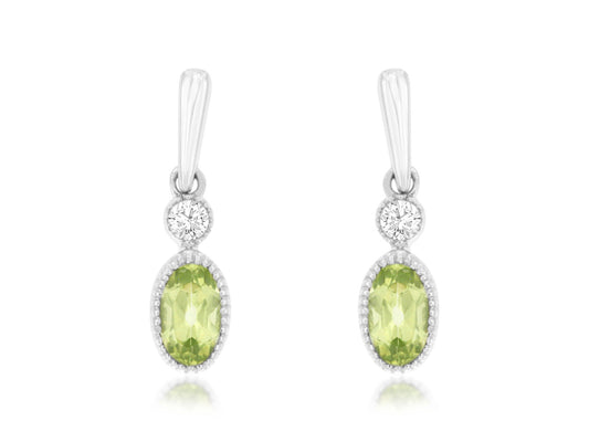 14K White Gold Oval Peridot & Diamond Earrings