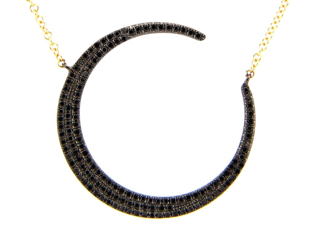 Dilamani 14k Yellow Gold Black Diamond Crescent Moon Pendant