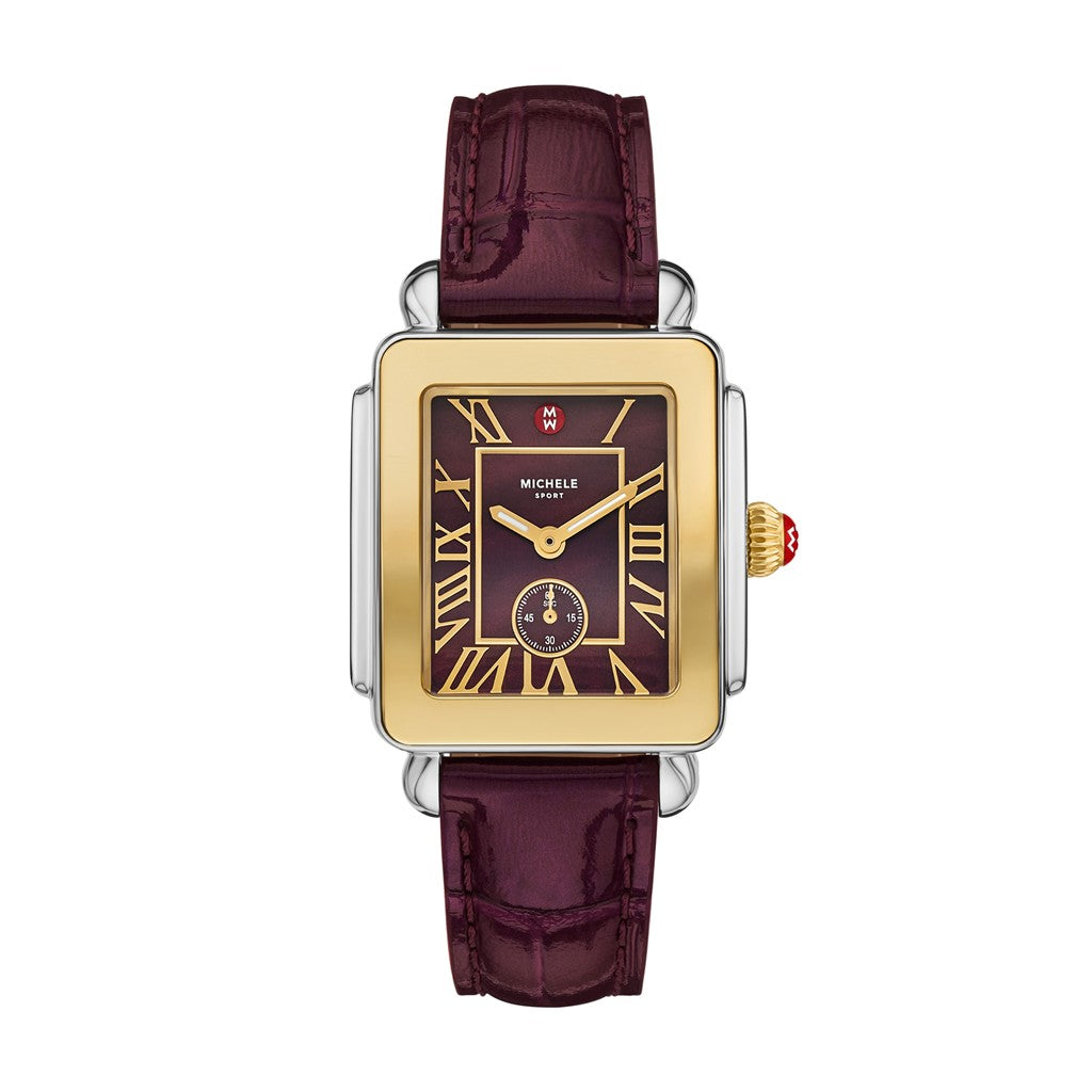 Michele Deco Sport Mid Gold-Plated Dark Cherry Leather Watch