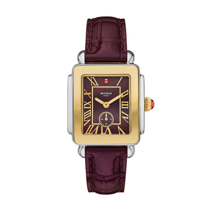 Michele Deco Sport Mid Gold-Plated Dark Cherry Leather Watch
