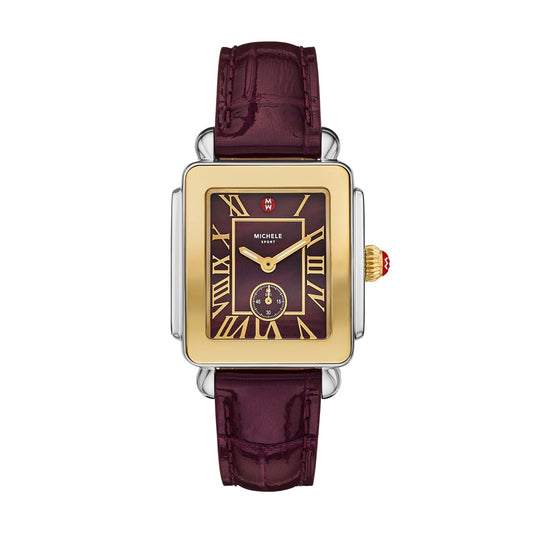 Michele Deco Sport Mid Gold-Plated Dark Cherry Leather Watch
