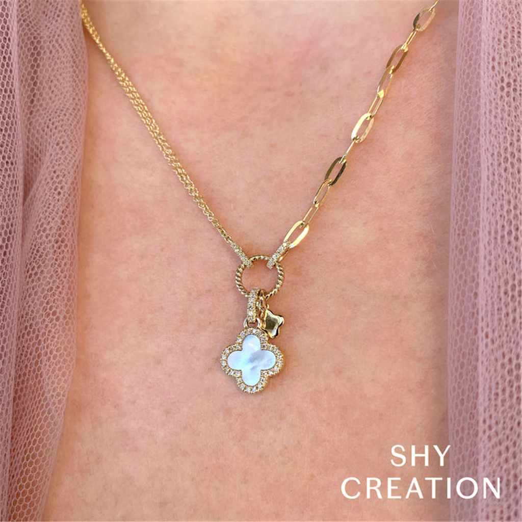 Shy Creation Diamond & Mother of Pearl Paperclip & Double Chain Necklace