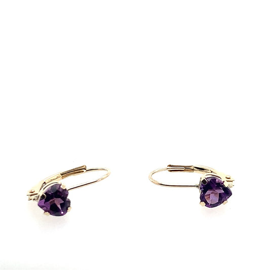 Estate 10K Yellow Gold Heart Shaped Ameythst Lever Back Earrings