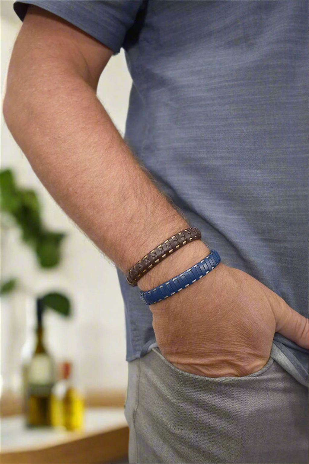 Alor Gents Cable & Blue Leather Bracelet