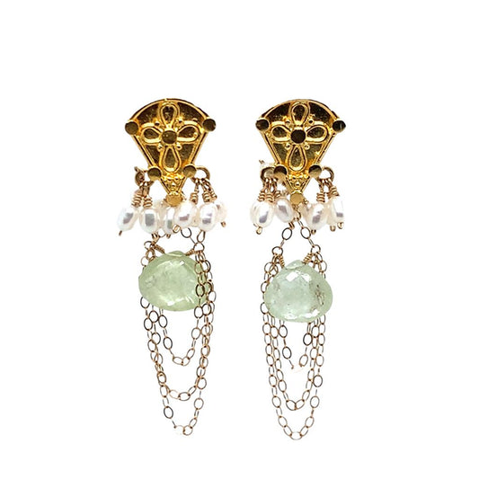Estate 18K Gold Pearl & Green Amethyst Earrings