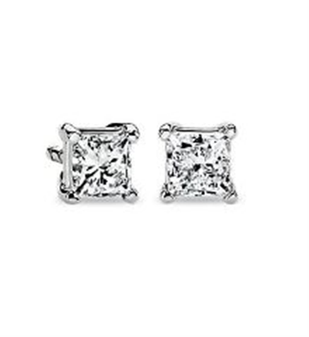 14K White 4-prong Princess Cut Diamond Stud Earrings