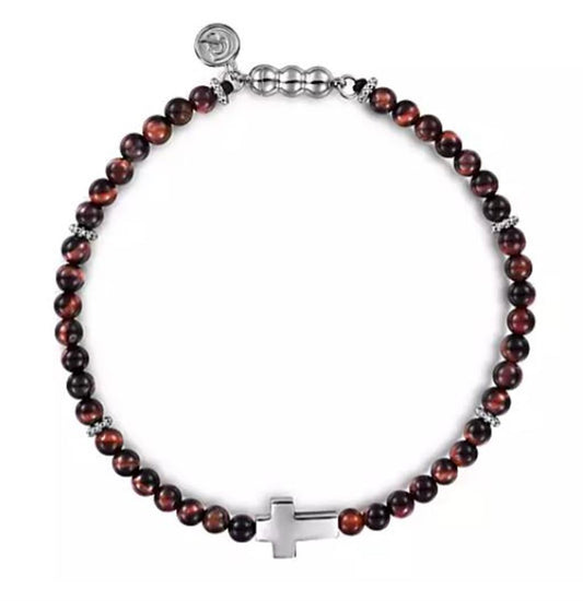 Gabriel Sterling Silver Cross & Tiger Eye Beaded Bracelet