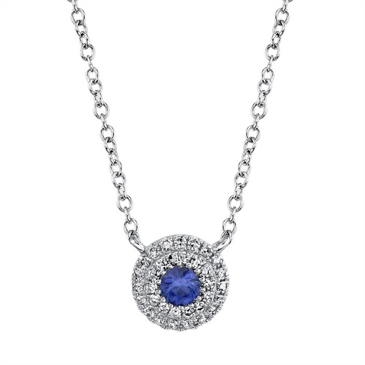 Shy Creation Sapphire Pendant with Double Diamond Halo