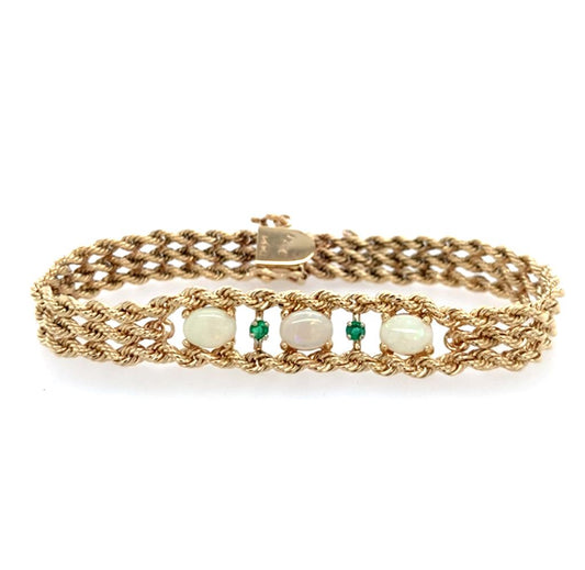Estate 14K Yellow Gold Opal & Emerald Bracelet