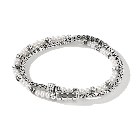 John Hardy Classic Sterling Silver And Pearl Double Wrap Bracelt