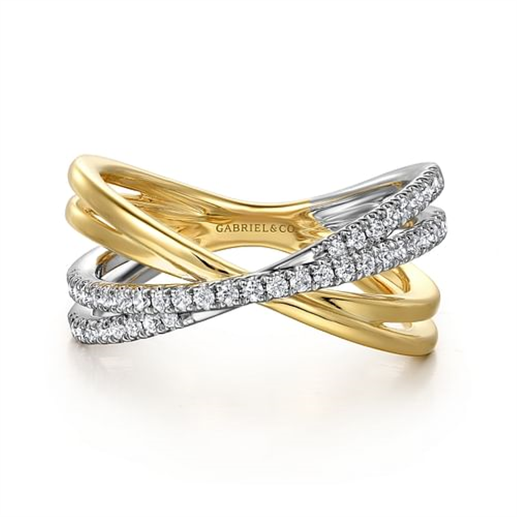 Gabriel Two Tone Diamond Criss Cross Ladies Right Hand Ring