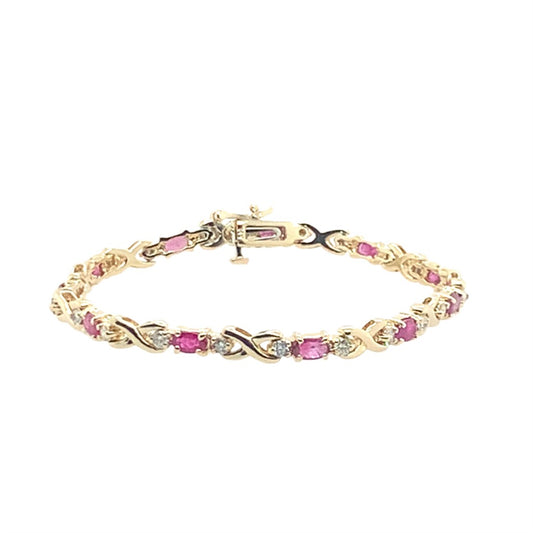 Estate 14K Yellow Gold Oval Ruby And Round Diamond Bracelet