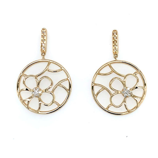 Estate 14Ky Flower Dangle Diamond Earrings