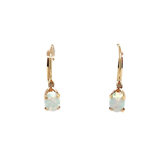 Estate 14K Gold Imitation Opal & Diamond Lever Back Earrings